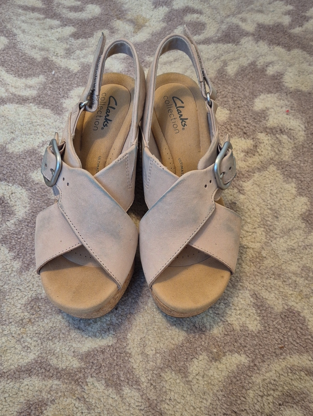 Clarks Beige Suede Crossband Wedge Sandals with Buckle